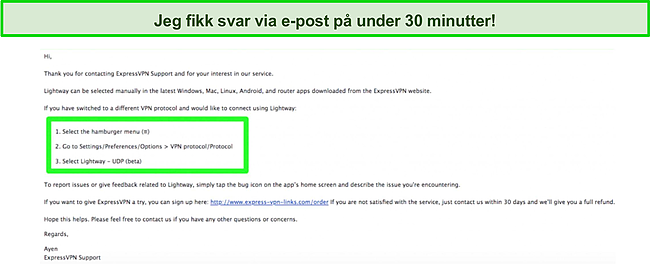 Skjermbilde av e-postsamtale med ExpressVPNs kundestøtteteam om LightWay-protokollen.