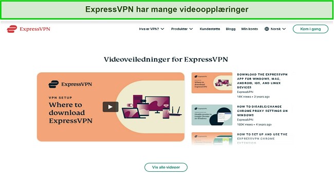 Skjermbilde av ExpressVPNs online videoopplæringer på nettstedet