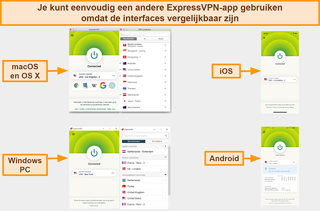 Screenshot van de app-interfaces van ExpressVPN voor Windows, Android, Mac en iPhone