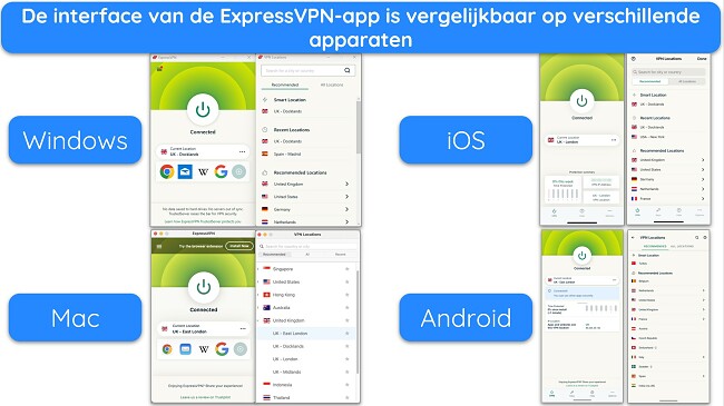 Afbeeldingen van de apps van ExpressVPN op Windows, Mac, iOS en Android, allemaal verbonden met Britse servers en met weergave van de serverlijst.
