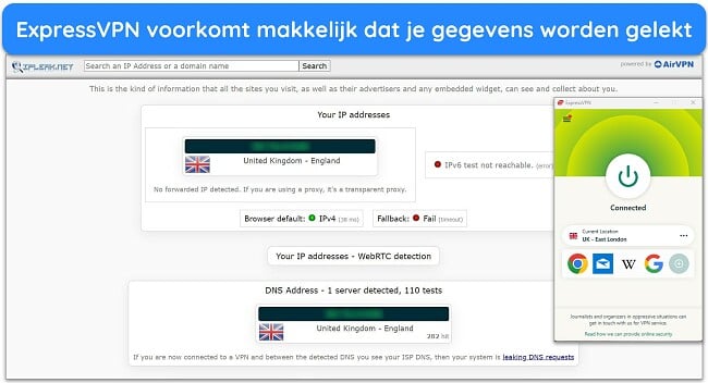 Afbeelding van de Windows-app van ExpressVPN verbonden met een Britse server, waarbij de resultaten van een lektest geen datalekken aantonen.