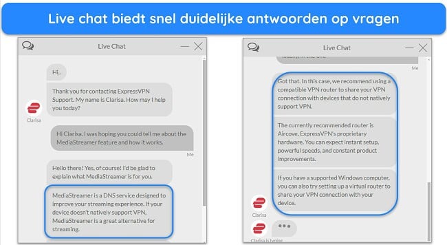 Afbeeldingen van de livechat van ExpressVPN, waarbij een agent reageert op vragen over de MediaStreamer-functie.