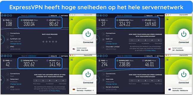 Afbeeldingen van de snelheidstestresultaten van Ookla, waarbij ExpressVPN is verbonden met servers in de VS, het VK, Duitsland en Australië