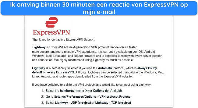 ExpressVPN ondersteunt screenshot van e-mailreactie
