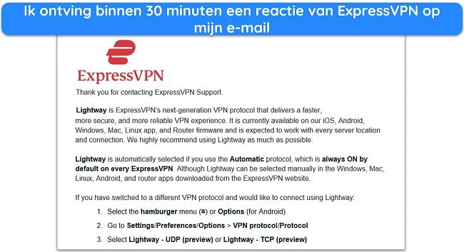 ExpressVPN ondersteunt screenshot van e-mailreactie