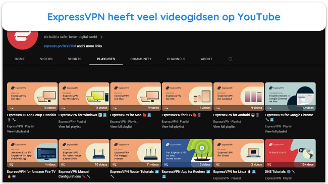 Screenshot van de YouTube-pagina van ExpressVPN met alle installatiehandleidingen en video-tutorials