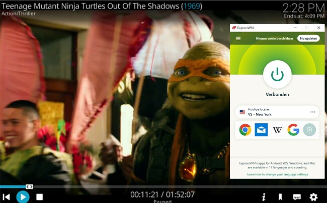 Screenshot van Kodi verbonden met een Amerikaanse server die Teenage Mutant Ninja Turtle deblokkeert