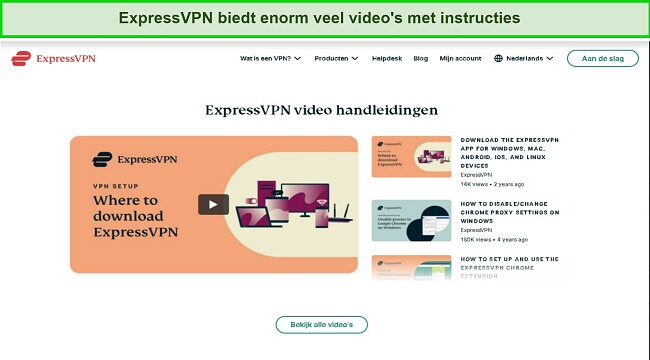 Screenshot van de online video-tutorials van ExpressVPN op de website