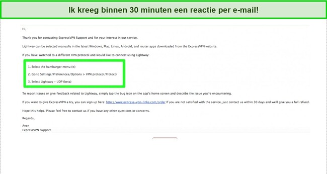 Screenshot van een e-mailgesprek met het klantenserviceteam van ExpressVPN over het LightWay-protocol