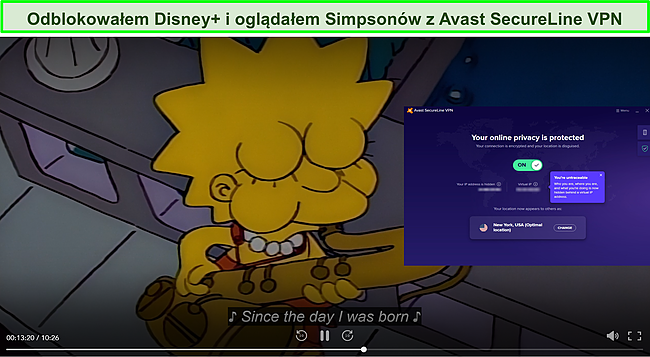 Zrzut ekranu przedstawiający Avast SecureLine VPN odblokowujący The Simpsons w Disney+.