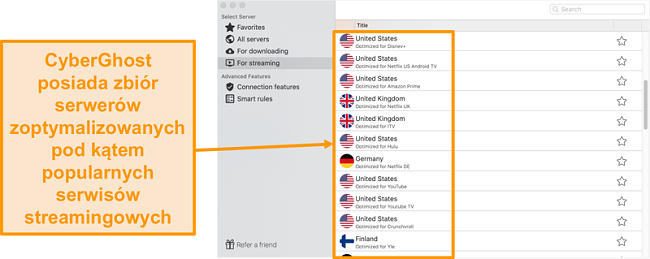 Zrzut ekranu aplikacji CyberGhost na komputery Mac, przedstawiający serwery zoptymalizowane do przesyłania strumieniowego