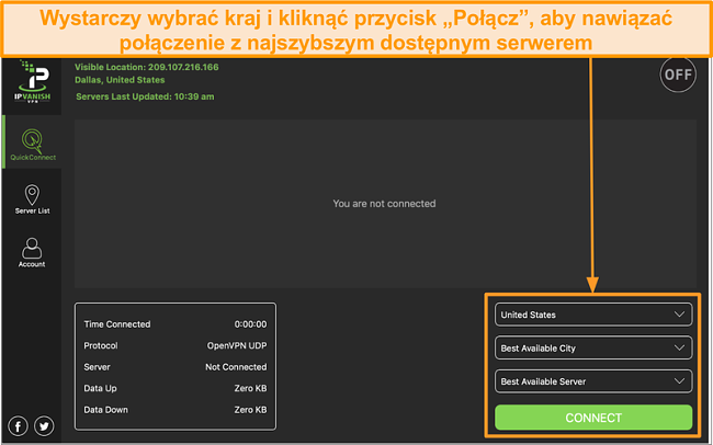 Zrzut ekranu interfejsu aplikacji IPVanish i sekcji „Szybkie połączenie”