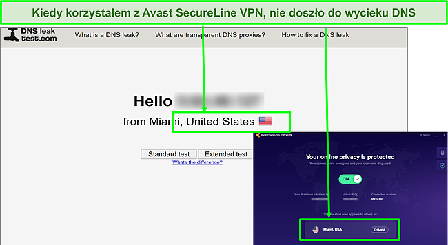 Zrzut ekranu testów szczelności DNS pokazujących, że Avast SecureLine VPN zamaskował mój prawdziwy adres IP.