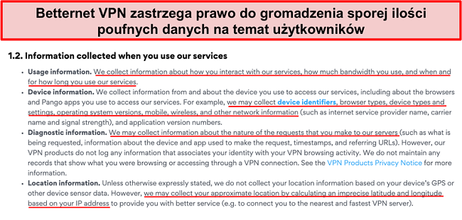 Zrzut ekranu polityki prywatności Betternet VPN