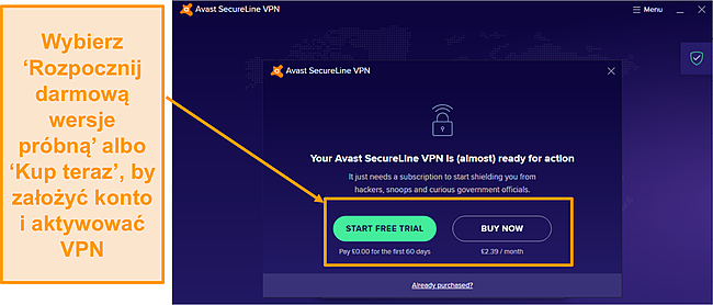 Zrzut ekranu przedstawiający przycisk bezpłatnej wersji próbnej, aby zarejestrować konto Avast SecureLine VPN.