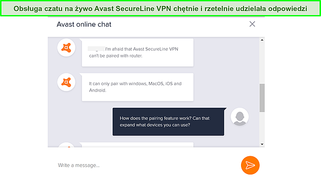 Zrzut ekranu czatu na żywo z obsługą Avast SecureLine VPN.