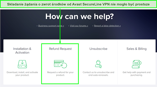 Zrzut ekranu przedstawiający proces żądania zwrotu pieniędzy na stronie internetowej Avast SecureLine VPN.