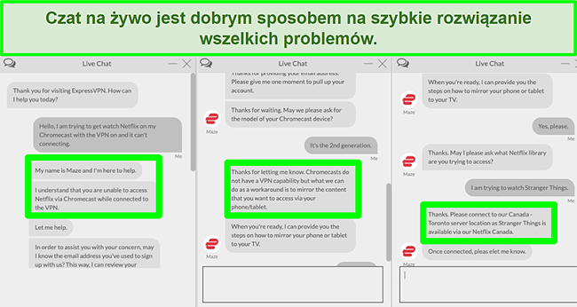 Zrzut ekranu użytkownika kontaktującego się z ExpressVPN przez czat na żywo 24/7 i pytającego, jak oglądać Netflix za pomocą Chromecasta