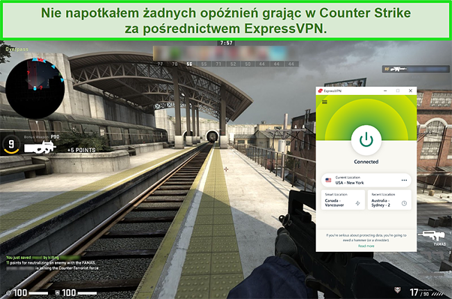 Zrzut ekranu przedstawiający połączenie ExpressPVN z serwerem w USA, gdy użytkownik gra w Counterstrike