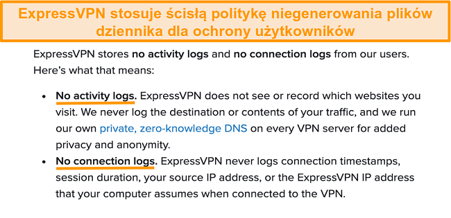 Zrzut ekranu polityki prywatności ExpressVPN na swojej stronie internetowej