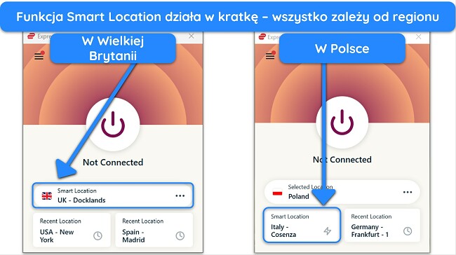 Zrzut ekranu przedstawiający funkcję inteligentnej lokalizacji ExpressVPN