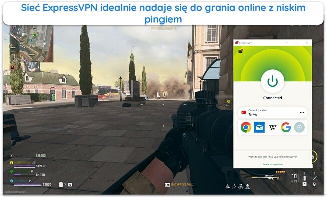 Obraz gry online COD: Warzone w toku z ExpressVPN podłączonym do serwera w Turcji.