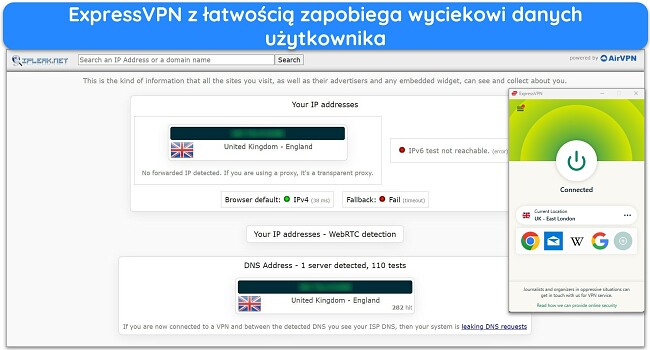 Obraz aplikacji ExpressVPN dla systemu Windows połączonej z serwerem w Wielkiej Brytanii, z wynikami testu szczelności, które nie wykazały żadnych wycieków danych.