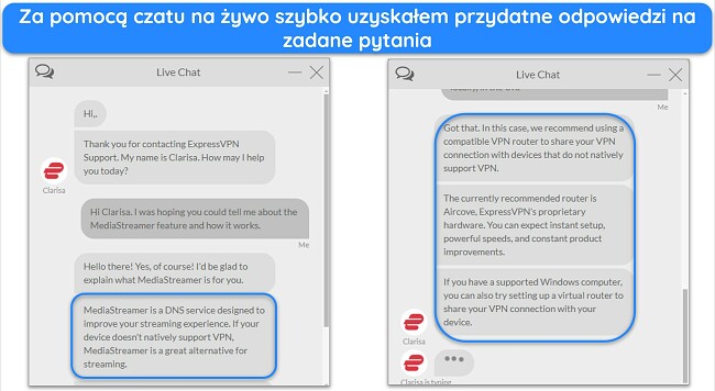 Obrazy czatu na żywo ExpressVPN z agentem odpowiadającym na pytania dotyczące funkcji MediaStreamer.