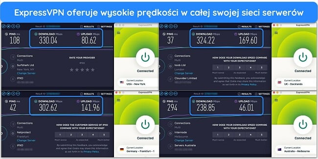 Obrazy wyników testu szybkości Ookla z ExpressVPN podłączonym do serwerów w USA, Wielkiej Brytanii, Niemczech i Australii