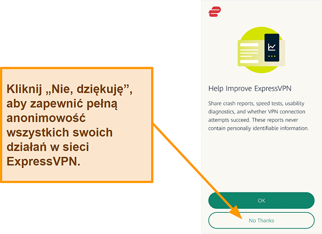 Zrzut ekranu aplikacji ExpressVPN z prośbą o pozwolenie użytkownika na udostępnianie firmie raportów o awariach, testach prędkości i innych danych użytkownika