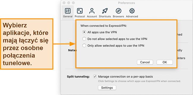 Zrzut ekranu przedstawiający użytkownika konfigurującego funkcję dzielonego tunelowania w aplikacji ExpressVPN