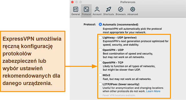 Zrzut ekranu aplikacji ExpressVPN wyświetlający wszystkie dostępne protokoły, w tym Lightway, OpenVPN, IKEv2 i L2TP / IPsec