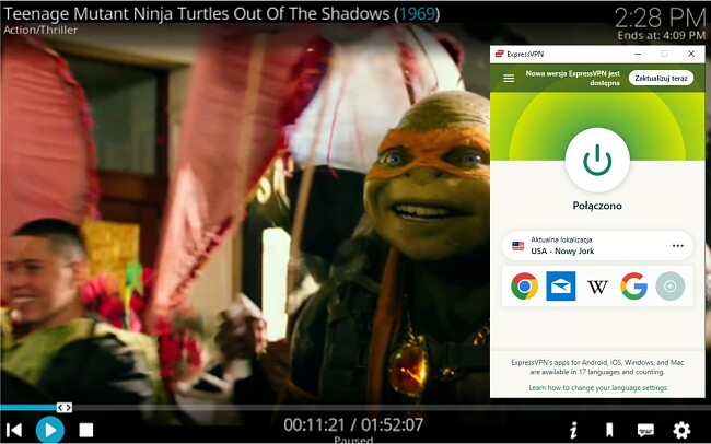 Zrzut ekranu przedstawiający Kodi połączonego z serwerem w USA, który odblokowuje Wojownicze Żółwie Ninja