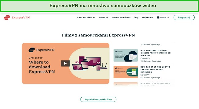 Zrzut ekranu samouczków wideo online ExpressVPN na stronie