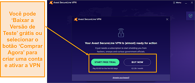 Captura de tela mostrando o botão de teste gratuito para se inscrever em uma conta Avast SecureLine VPN.