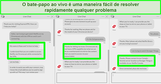 Captura de tela de um usuário entrando em contato com o ExpressVPN em um bate-papo ao vivo 24 horas por dia, 7 dias por semana e perguntando como assistir Netflix com Chromecast