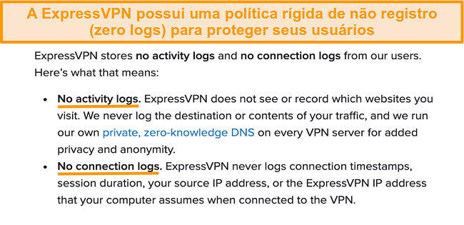 Captura de tela da política de privacidade da ExpressVPN em seu site