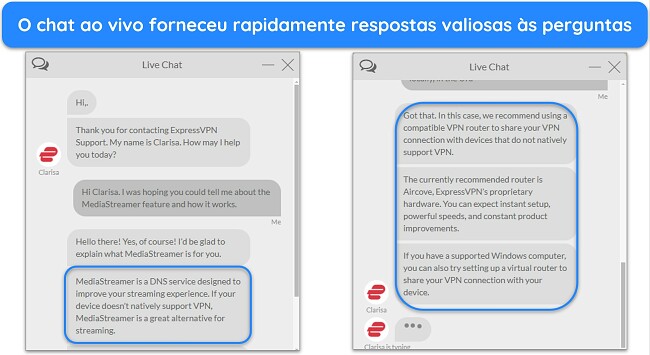 Imagens do chat ao vivo da ExpressVPN, com um agente respondendo às perguntas sobre o recurso MediaStreamer.