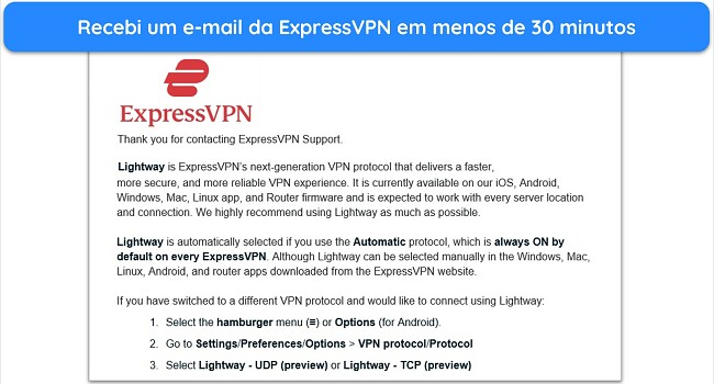 Captura de tela da resposta do e-mail de suporte da ExpressVPN
