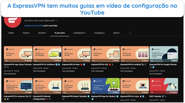 Captura de tela da página da ExpressVPN no YouTube mostrando todos os guias de configuração e tutoriais em vídeo