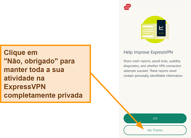 Captura de tela do aplicativo ExpressVPN solicitando permissão do usuário para compartilhar relatórios de falhas, teste de velocidade e outros dados do usuário com a empresa