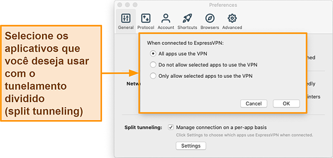 Captura de tela de um usuário configurando o recurso de túnel dividido no aplicativo ExpressVPN