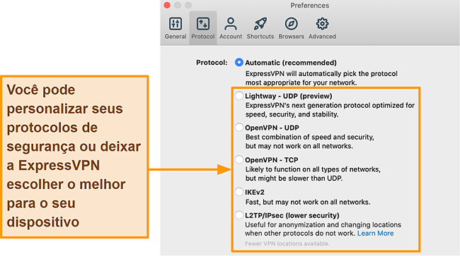 Captura de tela do aplicativo ExpressVPN exibindo todos os protocolos disponíveis, incluindo Lightway, OpenVPN, IKEv2 e L2TP / IPsec