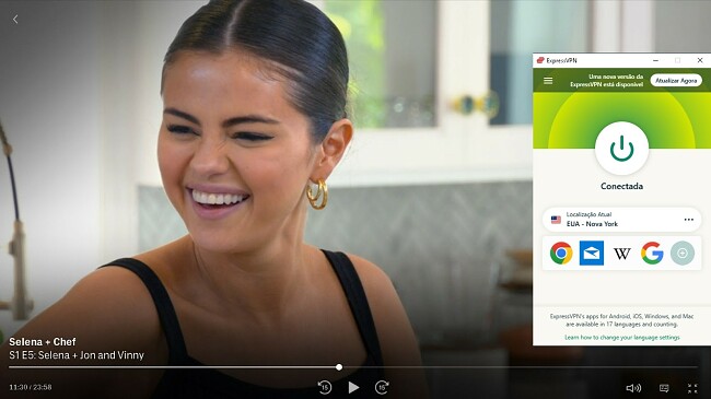 Captura de tela da ExpressVPN conectada a um servidor dos EUA e desbloqueando o programa Selena + chef no HBO Max