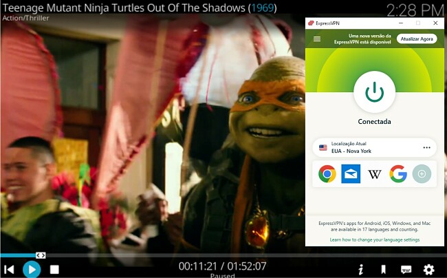 Captura de tela do Kodi conectado a um servidor dos EUA desbloqueando Teenage Mutant Ninja Turtle