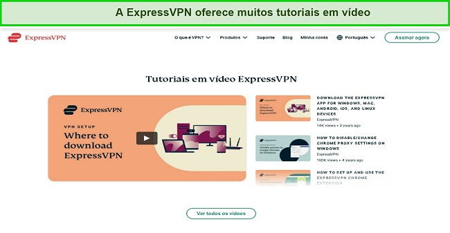 Captura de tela dos tutoriais em vídeo online da ExpressVPN no site