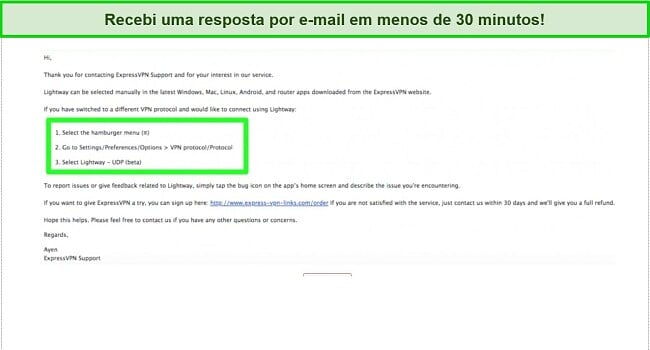 Captura de tela da conversa por e-mail com a equipe de suporte ao cliente da ExpressVPN sobre o protocolo LightWay