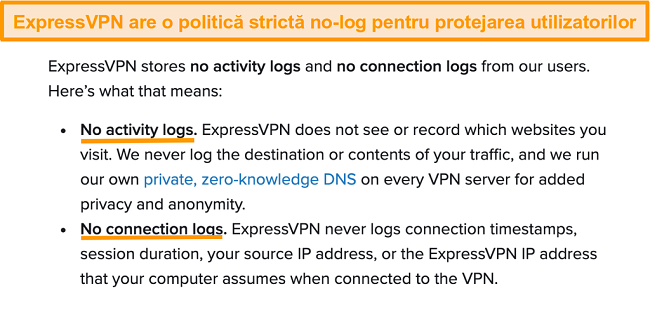 Screenshot a politicii de confidențialitate ExpressVPN pe site-ul său web