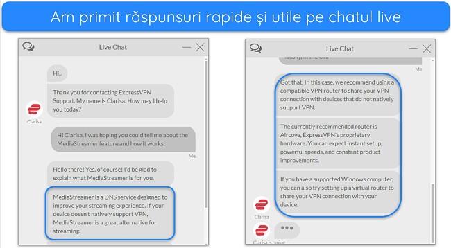 Imagini ale chat-ului live al ExpressVPN, cu un agent care răspunde la întrebări despre caracteristica MediaStreamer.