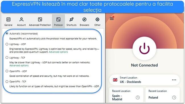 Imagine a aplicației Windows ExpressVPN, care arată protocoalele disponibile în Opțiunile aplicației.